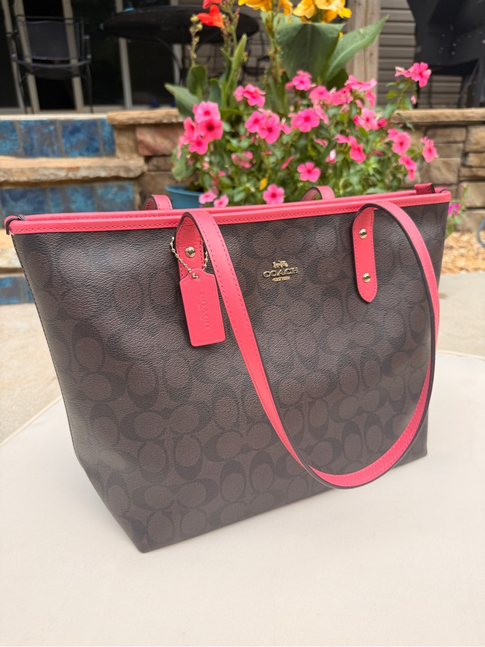 Coach Brown Signature Tote with Pink Trim and Straps